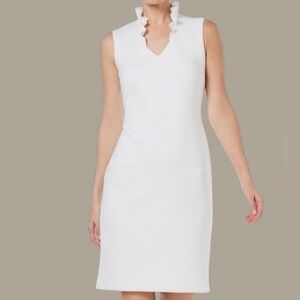 Calvin Klein Sleeveless White Midi Dress with Ruffled V-Neck